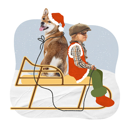 Contemporary art collage. Creative design with little boy, kid sitting on sleds with dog. Having fun on vacation. Concept of friednship, winter holidays, Christmas, New Year, creative. Postcard design