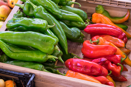 Red and green peppers at a farmers market in the Canary Islands