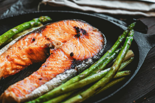 Grilled salmon steak with vegetables