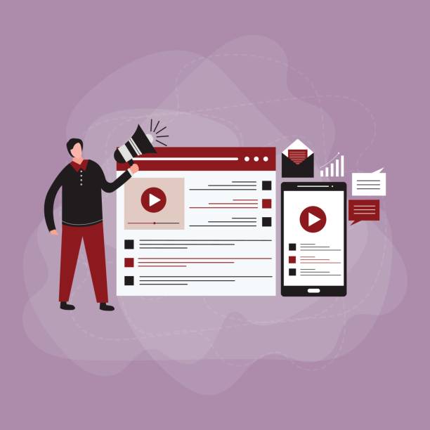 illustrations, cliparts, dessins animés et icônes de tutoriels vidéo concept marketing média - data mobility downloading digital tablet