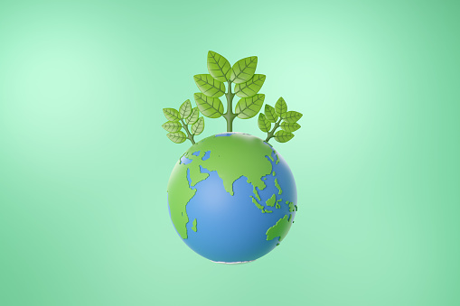 Earth with green plant on green background metaphor environment conservation, sustainability and climate change solution. 3D rendering.