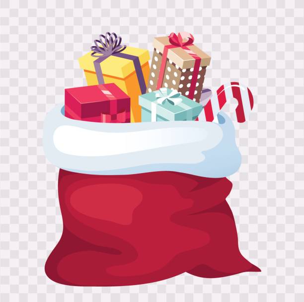 czerwony worek świętego mikołaja z pudełkami na prezenty na białym tle. - sack santa claus christmas vector stock illustrations