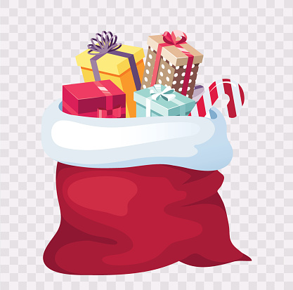 Santa Claus red sack with gift boxes isolated on white background. Merry Christmas and Happy New Year vector cartoon illustration