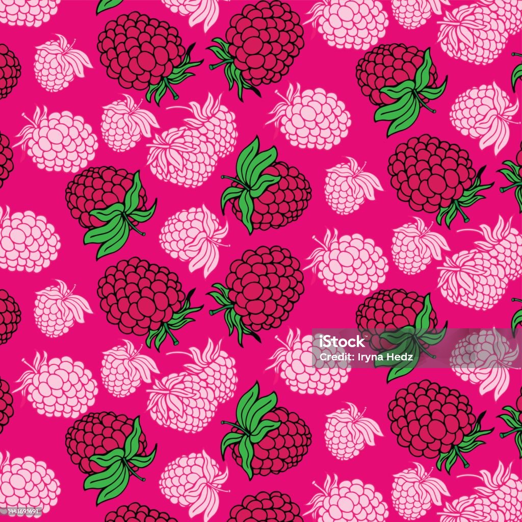 Pink Portrait Raspberry Seamless Pattern And Background With Fresh Raspberries On Pink ...