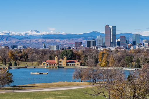 Panorama of Denver CO at early winter morning seen from City Park