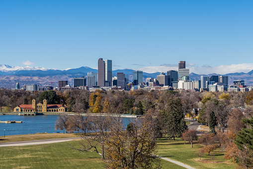 Panorama of Denver CO at early winter morning seen from City Park