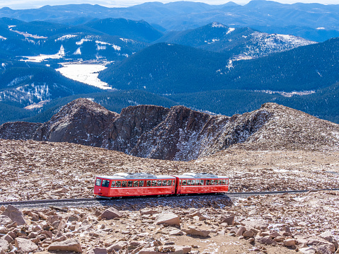 Tram climbing on top of Pikes Peak in Colorado