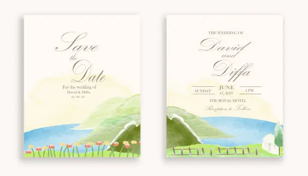 Vector illustration of wedding invitation with scenery theme and watercolor elements