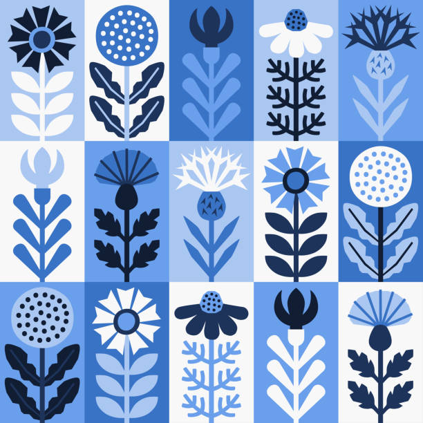 Scandinavian style floral rectangular winter pattern. Part five. Scandinavian style floral rectangular winter seamless vector pattern (blue and white). Wrapping paper design. Part five. thistle stock illustrations