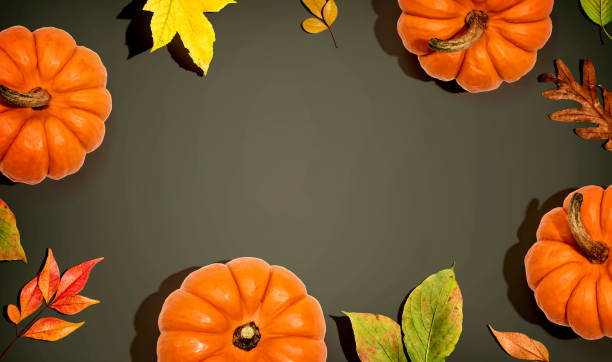 istock Autumn pumpkins with colorful leaves overhead view 1441701529