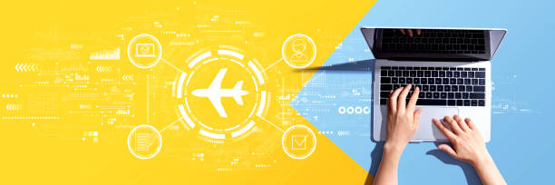 istock Flight ticket booking concept with person using a laptop 1441701590