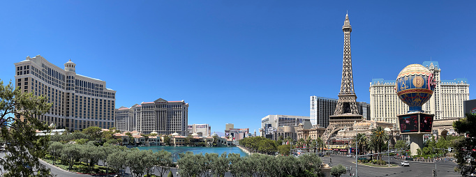 Las Vegas, Nevada, United States, July 03, 2022: City skyline panoramic view of Las Vegas including Bellagio and Paris resorts