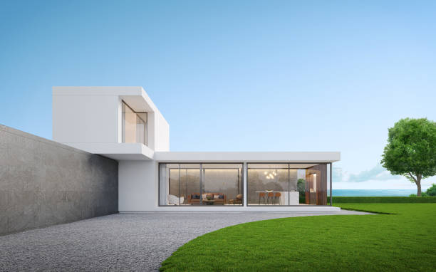 istock Modern house exterior with sea view and blue sky.3d rendering 1441703432
