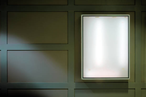 wooden frames and neon illuminated sign advertising wall copy space blank squares glowing poster