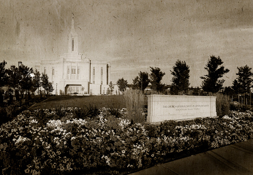 Pocatello Idaho LDS Mormon Latter-day Saint Temple with sky clouds flowers and trees old fashioned photography on textured paper