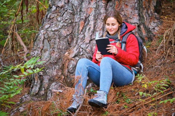istock Hiker reading a book under a tree in the forest. 1441705118
