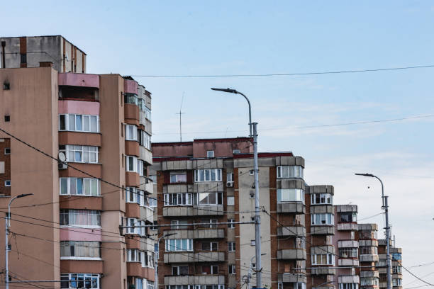 Communist age apartment building somewhere in Romania in downtown area.