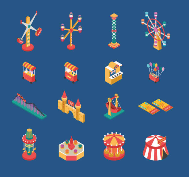 stockillustraties, clipart, cartoons en iconen met amusement park isometric set - amusement park