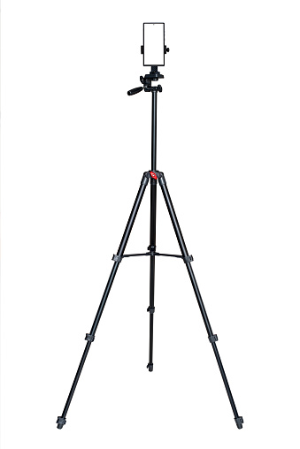 Smartphone with blank screen on the tripod camera isolated on white background.