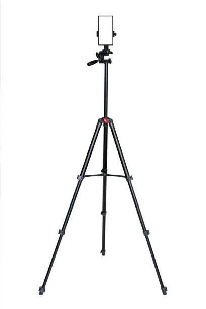 Photo of Smartphone with blank screen on the tripod camera isolated on white background.