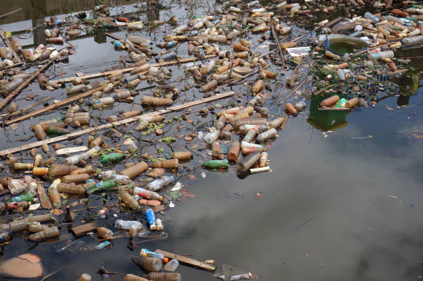 poluição de resíduos plásticos no reservatório. - water pollution - fotografias e filmes do acervo