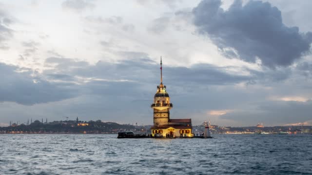 Timelapse Day to Night Maiden Tower Istanbul Asia side at Turkey stock video