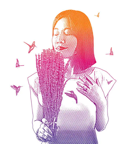 Vector illustration of Woman smelling lavender flowers with butterflies and hummingbirds