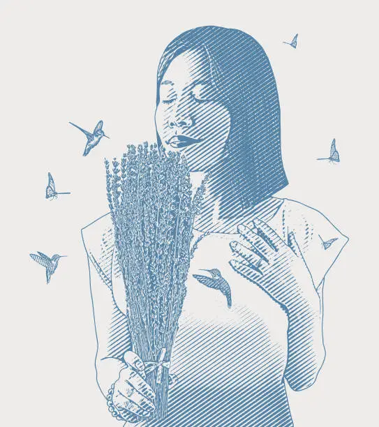 Vector illustration of Woman smelling lavender flowers with butterflies and hummingbirds