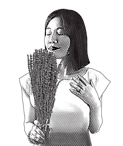 Vector illustration of Woman smelling lavender flowers