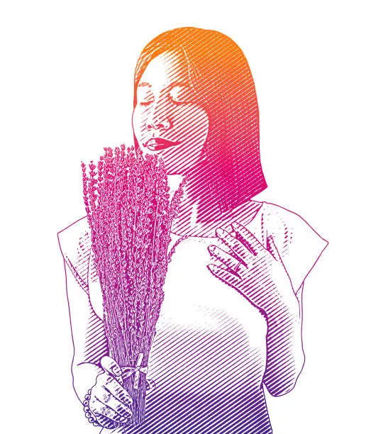 Vector illustration of Woman smelling lavender flowers
