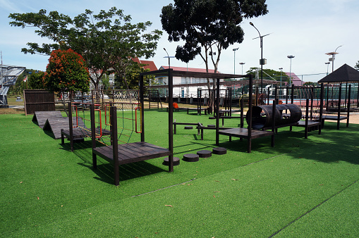 Playground with wooden equipment for kids