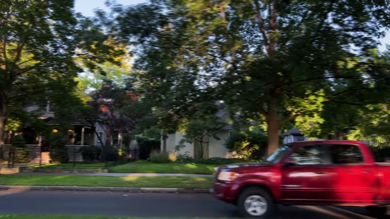 Side View of Driving through a Tree-Lined Neighborhood of Houses in Boise, Idaho at Sunset