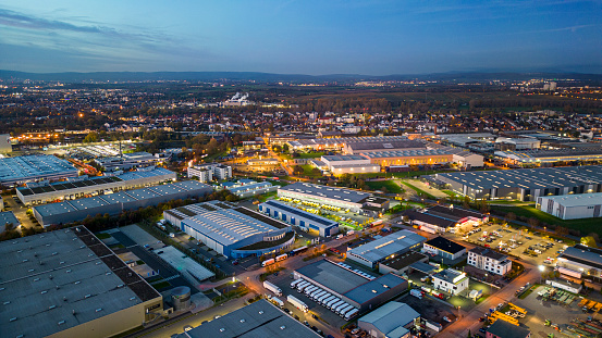 Industrial district at dusk - aerial view