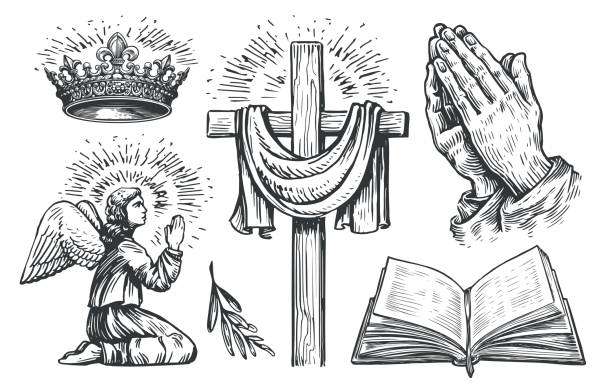 illustrations, cliparts, dessins animés et icônes de croix chrétienne, ange priant, ouverture de la sainte bible, mains en prière, couronne du roi de dieu. concept de religion, symboles - engraved image religion christianity catholicism