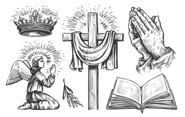 Christian cross, Praying angel, open Holy Bible, Hands in prayer, Crown of the king of God. Religion concept, symbols Christian cross, Praying angel, open Holy Bible, Hands in prayer, Crown of the king of God. Religion concept, symbols word of god stock illustrations