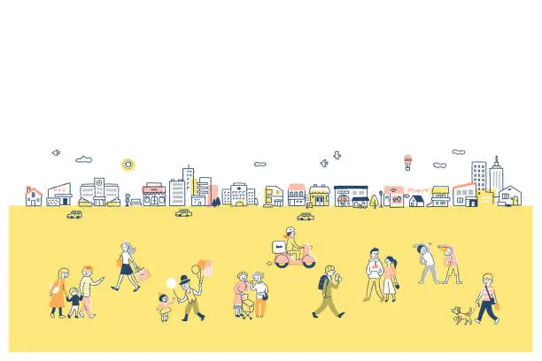 Vector illustration of street and different people