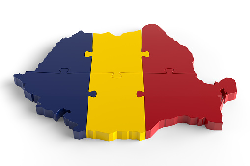 Flag Colors Puzzle Romania Map Design. 3d Rendering