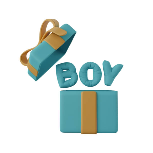istock Boy text balloon  in open gift box. Open gift box with boy balloon word 3d illustration. It's a boy congratulation. 1441716280