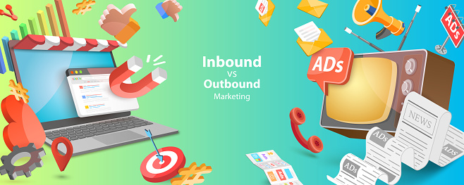 3D Vector Conceptual Illustration of Inbound Vs Outbound Marketing, Comparing Online and Offline Campaign