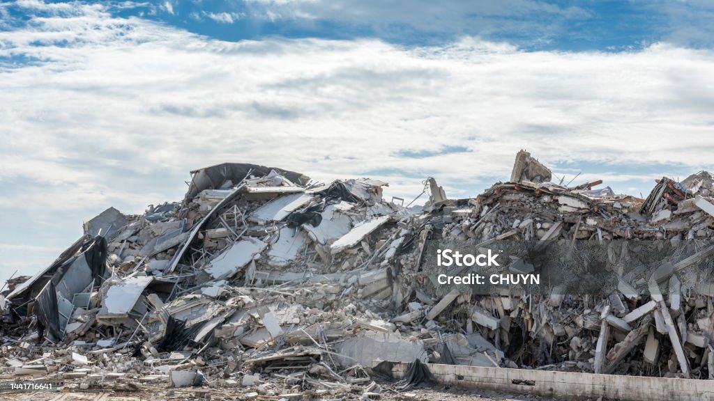 Total destruction Building in an urban area damaged by tornadoes or by war. Accidents and Disasters Stock Photo