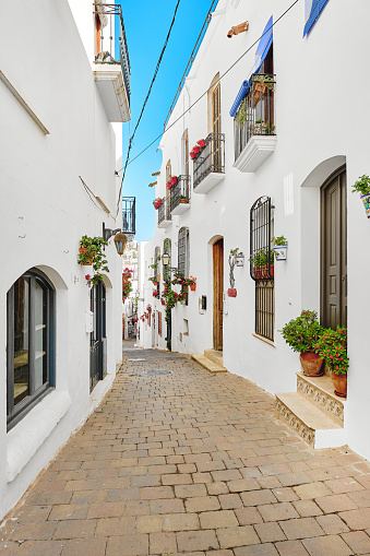 Picturesque whitewashed village in south of Spain of Mojacar, famous place in Almeria. Cute narrow street with flower pots lead to ancient town. Travel destinations. Europe. Diminishing perspective
