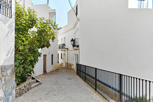 Charming narrow street of Mojacar village in the Almeria, south of Spain. Travel destinations and holidays concept.