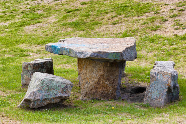 Table and chairs made out of boulders attracts the eye at Fitz Hugh Lane Park.