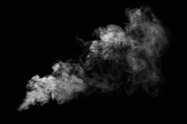 white hot curly steam smoke isolated on black background, close-up. - roken stockfoto's en -beelden
