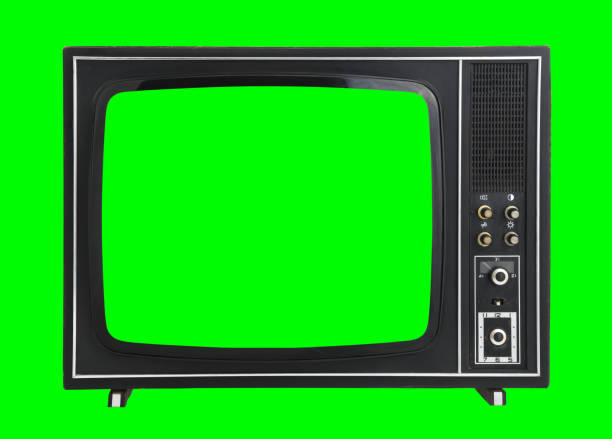 istock Old vintage TV with green screen for adding video isolated on white background.Vintage TVs 1960s 1970s 1980s 1990s 2000s. 1441719342