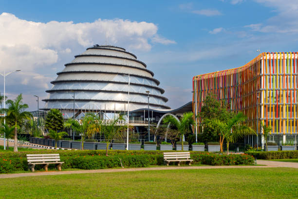 Kigali Convention Centre on a sunny day Kigali, Rwanda - August 19 2022: Kigali Convention Centre on a sunny day. The facility, designed after the inside of a king's palace, hosts a variety of events kigali convention center stock pictures, royalty-free photos & images