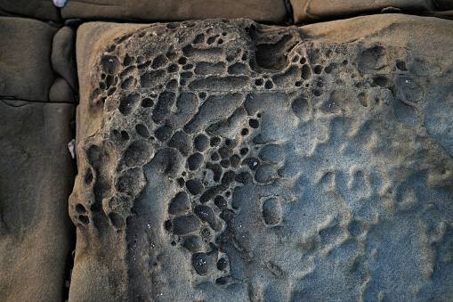 Random rocks and stones on the beach of an ocean scattered on the beach with a beautiful golden sunrise showing the stunning textures and patterns, perfect for background with copy space