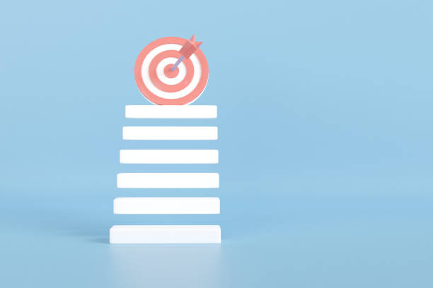 istock 3d render step stair with arrow target. business strategy step to success. goal and target achievement concept. dart hit on bulleyes. 3d render illustration minimal. vision and mission to successful. 1441720229
