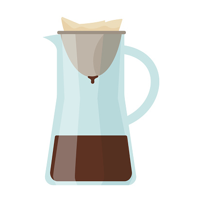 glass coffeemaker with paper coffee filter. Vector illustrations of modern or retro equipment for espresso and moka drink