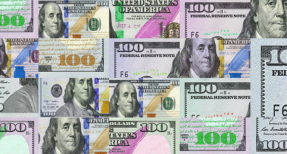 Dollar 100 USD banknotes abstract color pattern. USA bank note concept of currency, finance and economy. Design background 3D illustration.